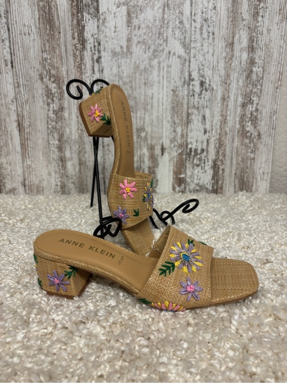 Anne Klein Tan Embroidered Floral Block Heel Mules